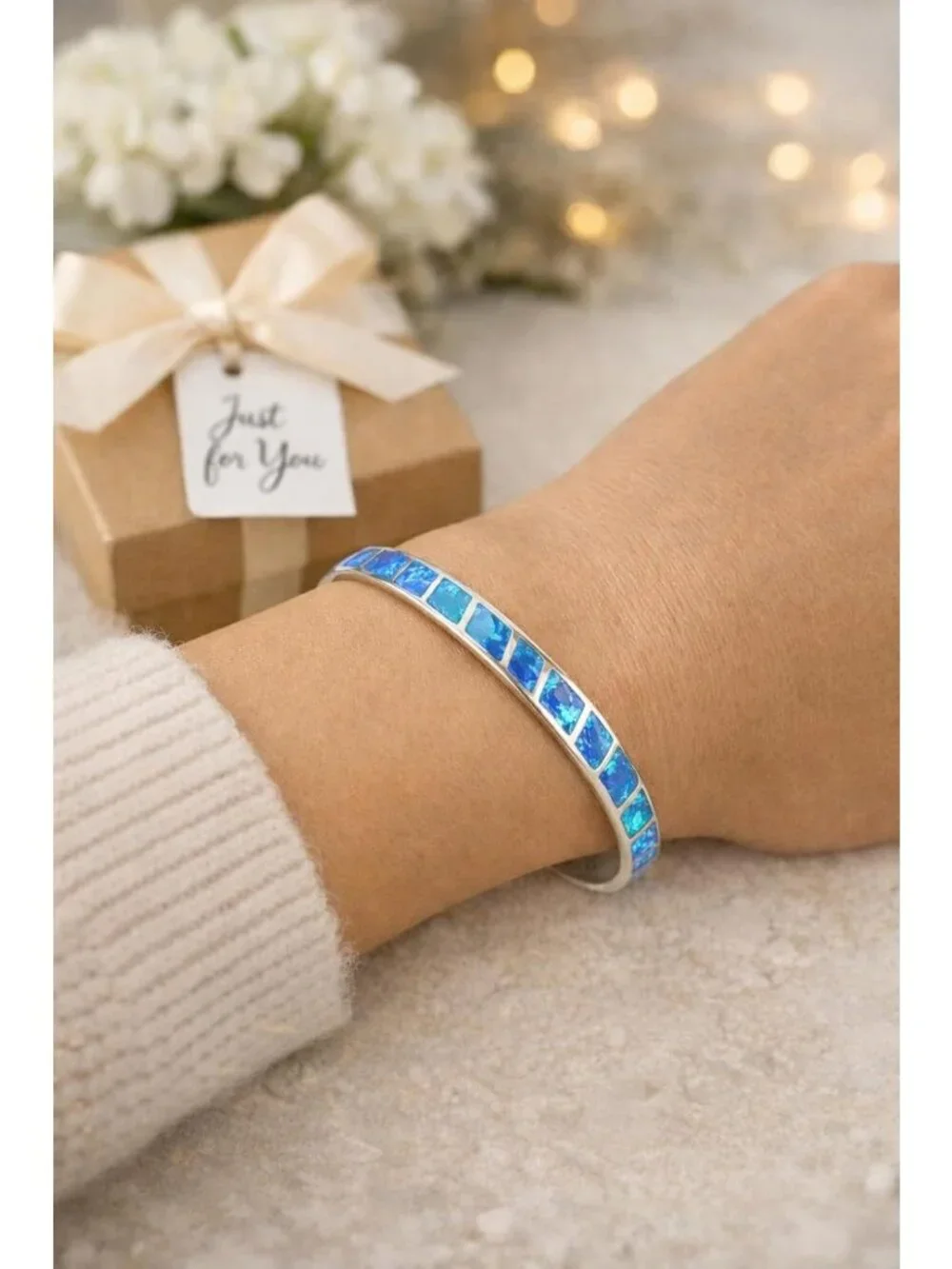 Adjustable Blue Fire Opal Cuff Bracelet - Turquoise & Lapis Boho Silver Bangle